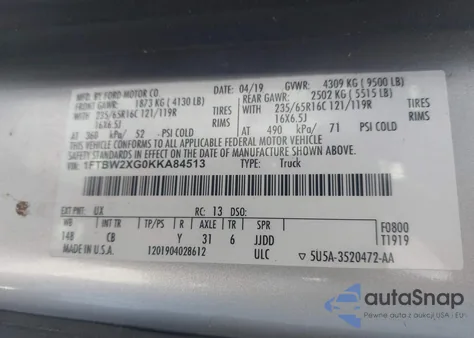 2019 Ford Transit-350 from USA, damaged, VIN 1FTBW2XG0KKA84513